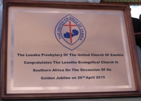 Plaque received from the United Church of Zambia